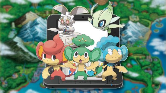 Pokemon stranded on the 3DS: The elemental monkeys, Magearna, and Celebi pasted on a black 3DS XL. Everything is outlined in white and pasted on a blurred Unova map.