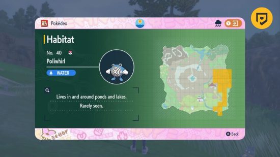 Poliwhirl evolution: A screenshot of the Kitakami Pokedex entry for Poliwhirl showing its location on the map in orange. The PT logo is in the top right corner