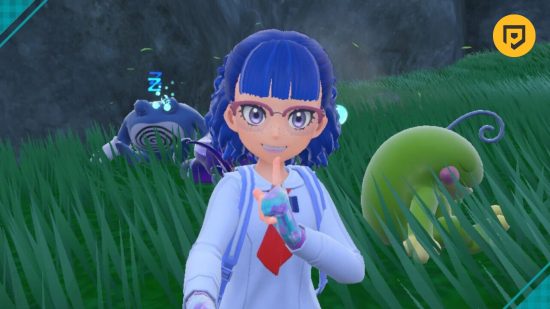 Poliwhirl evolution: Daz's player character using the Rotom Stick to take a selfie with a sleeping Poliwrath on the left and a sleeping Politoed on the right. They have their finger to their lips to indicate being quiet. The PT logo is in the top right corner
