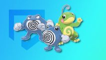 Poliwhirl evolution: Poliwhirl, Poliwrath, and Politoed gathered together and outlined in white, pasted on a light blue PT background