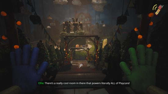 Poppy Playtime Chapter 3 review - a screenshot in-game showing the Playcare courtyard and Grinning Critters statue, as Ollie tells you there's a control room that powers all of Playcare