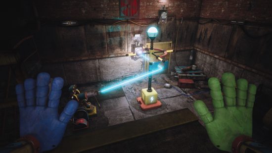 Poppy Playtime Chapter 3 review - a screenshot of a puzzle from early in the game, showing a wire wrapped around a post