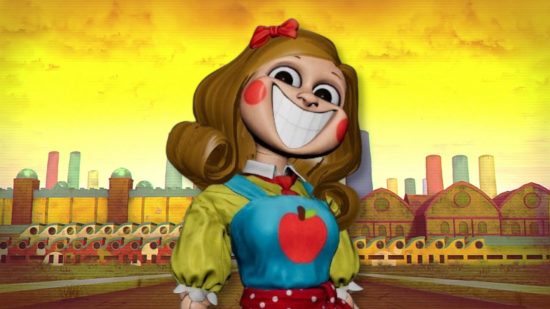 A close-up of the unused, intact model of the Poppy Playtime character Miss Delight showing her grinning menacingly in front of the factory