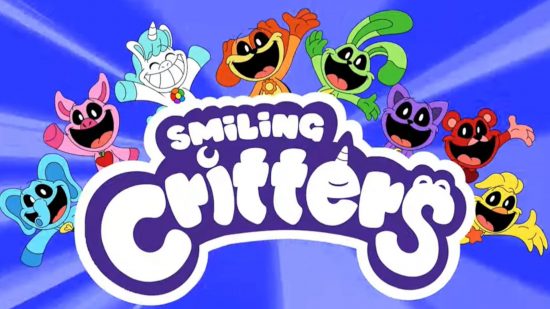 Artwork showing a group of Poppy Playtime characters called the Smiling Critters, happily throwing their arms out around the show's logo