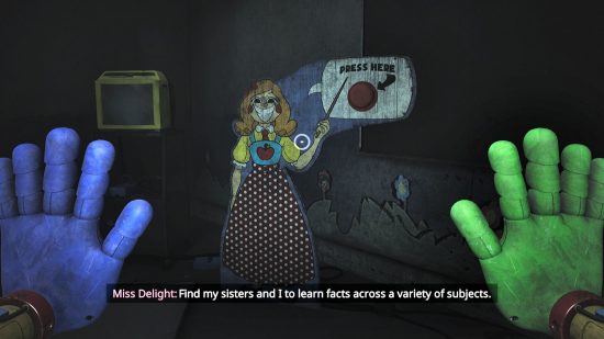 A screenshot of Poppy Playtime's Miss Delight standee, showing her grinning and telling you to find her sisters to learn more