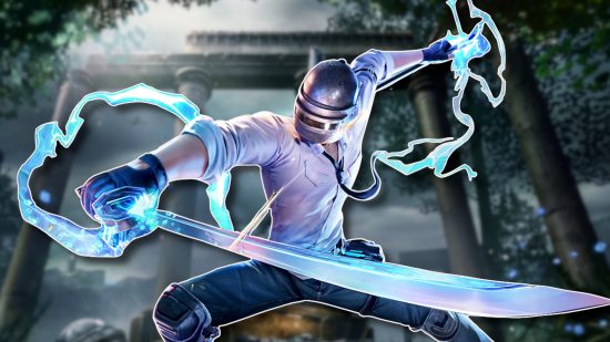 PUBG Mobile shadow force: Player Unknown wielding a shadow blade with blue lightning flying everywhere, cut out and pasted with a white outline on a blurred image of the shadow blade in a stone like Excalibur