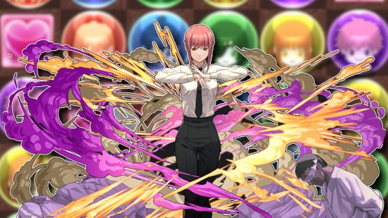 Puzzle and Dragons Chainsaw Man: Makima's character splash art outlined in white and pasted on a blurred Chainsaw Man match 3 background