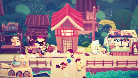 A screenshot of one of the best relaxing games, Mineko's Night Market, showing multiple characters and cats at the docks