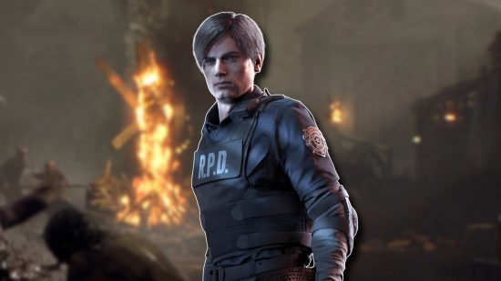 Resident Evil 2's Leon outlined in white and pasted on a blurred screenshot