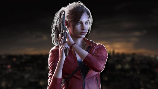 Resident Evil's Claire Redfield from Re:Verse outlined in white and pasted on a blurred image of Raccoon City at night
