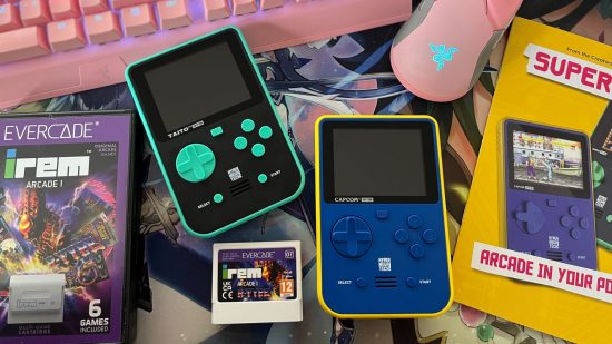 A photo of two of the best retro game consoles, the Super Pocket Taito Editions and the Super Pocket Capcom Edition, with some Evercade cartridges and Razer Quartz products around them
