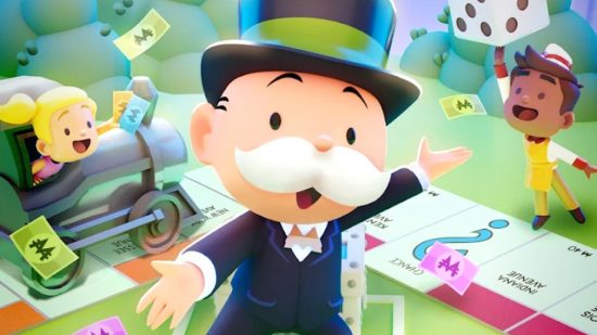 Road to Riches Monopoly Go: key art featuring the monopoly man himself and some players