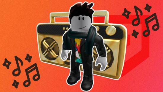 Roblox song IDs - a gold boombox with music notes coming out of it and a Roblox avatar standing in front of it