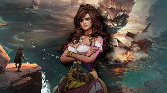 Sea of Conquest codes - a dark-haired woman against a background with a ship coming into port