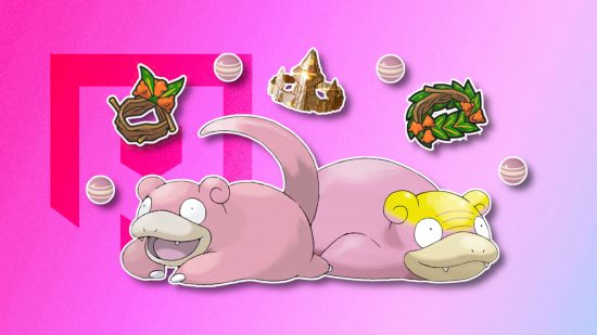 Slowpoke evolution: Slowpoke and Galarian Slowpoke next to each other and surrounded by Slowpoke candy, a King's Rock, a Galarica Cuff, and a Galarica Wreath, all outlined in white and pasted on a PT pink to purple gradient background
