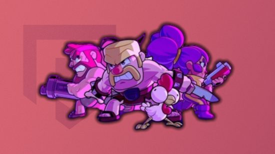 Squad Busters guide: A group of characters in front of a pinky red background