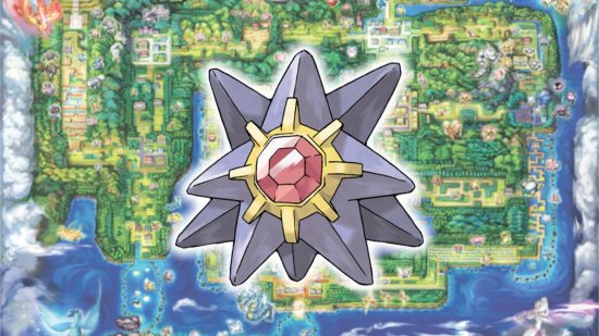 Starmie evolution: Starmie in front of of a map of Kanto