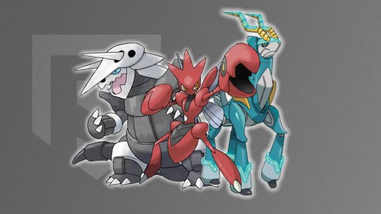 Steel Pokemon weakness: Aggron, Acizor, and Iron Crown in front of a grey background