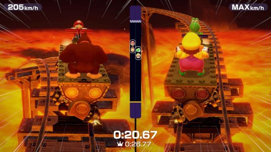 Changer de jeu multijoueur : une capture d'écran du mini-jeu du chariot de mine 2v2 de Mario Party Superstars