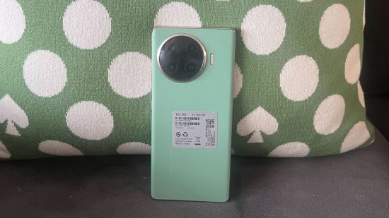 Image of the silicon leather back of the green version of the 20 Pro+ for Tecno Spark 20 Pro+ review