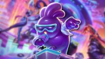 TFT items: A little purple blog buy witha microphone pasted on a blurred TFT art piece