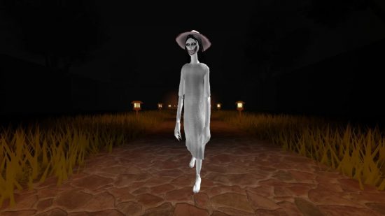 The Mimic: A Woman in white walking forwards