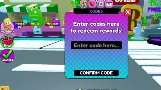 The Simpsons Tower Defense codes redemption screen