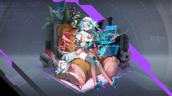 Tower of Fantasy character Brevey's splash art showing her sitting with her legs stretched out in front of her