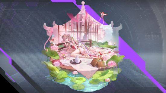 Tower of Fantasy character Fei Se's official splash art showing her laying beside a pool