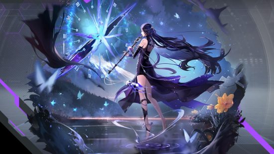 Tower of Fantasy character Nan Yin's splash art showing her floating above dark water and reaching towards a light