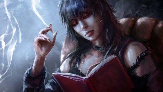 A sketchy drawing of a woman with long dark hair reading a red book with a cigarette in her left hand, smoke billowing around her