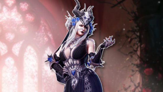 Watcher of Realms tier list: A goth girly outlined in white and pasted on a blurred Valentines image