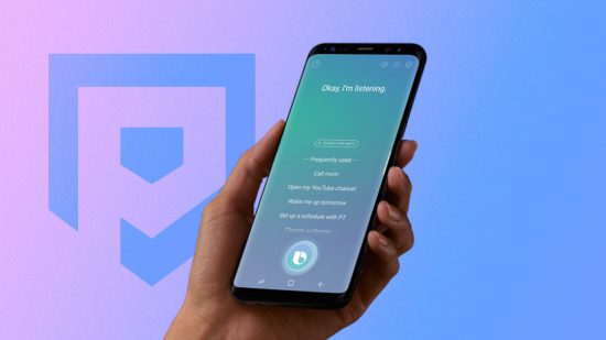 Custom image for what is Bixby guide with a blue background and someone using the app on their phone