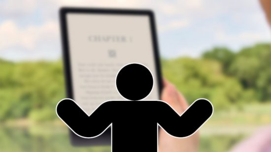 Custom image for What is Kindle? guide with a shrugging silhouette over a background of someone reading a Kindle