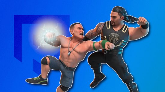 Wrestling games: Two chracters from WWE 2K Battlegrounds outlined in white and pasted on a royal blue PT background