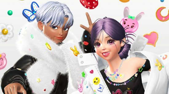 Zepeto backgrounds: Two characters in white puffer jackets posing on an emoji background