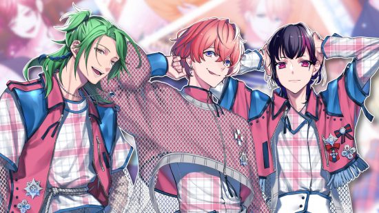 B-Project Ryusei Fantasia release date: Three of the idol boys all in pink and blue outfits, grouped together and pasted ona blurred graphic in pastel colors