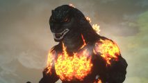 Dave the Diver Godzilla DLC: Godzilla covered in fire against a grey sky as seen in the Dave the Diver trailer