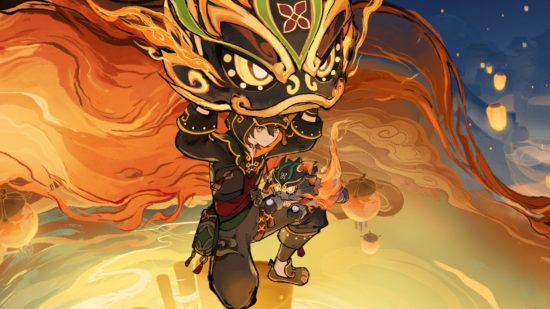 Official artwork of Genshin Impact's Gaming holding a lion dance costume