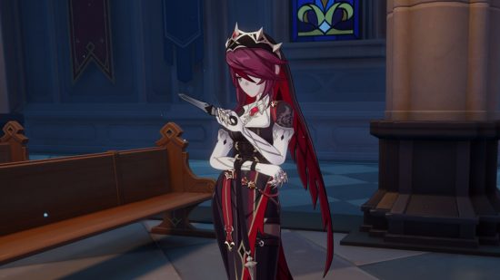 Genshin Impact's Rosaria in a church, looking at a dagger in her hand