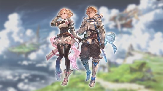Granblue Fantasy Relink characters - Gran and Djeeta on a cloudy landscape background