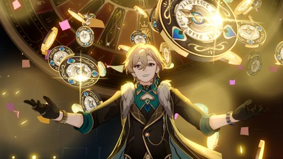 Honkai Star Rail Aventurine surrounded by gold coins