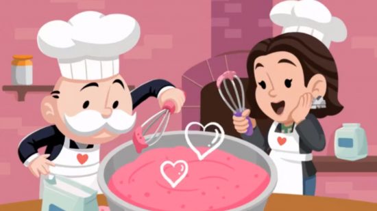 Monopoly Go Valentine's partners event official art featuring two people baking