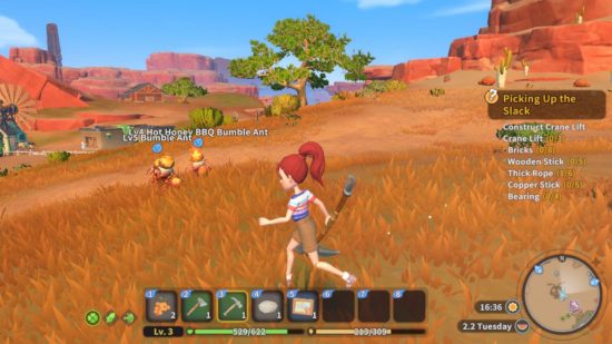 My Time at Sandrock interview: a character holding an axe running through a field of grass