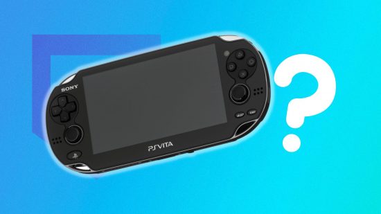 PlayStation handheld: A Playstation Vita on a blue background with a white question mark
