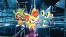 Pokemon Legends Z-A release date - the Kalos starters over a futuristic drawing of Lumiose City