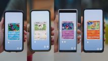 Pokemon TCG Pocket release date - four phones showing different cards in the app