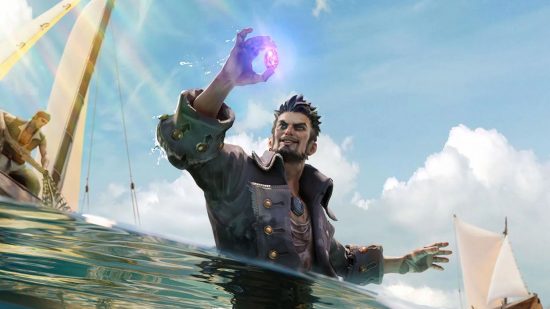 Sea of Conquest recipes: a pirate in the sea holding up a bright pink gem