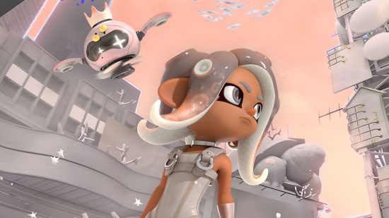 Splatoon 3 Side Order DLC preview - Agent 8 with the Pearl drone in a colorless city