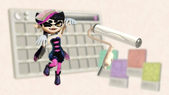 Splatoon 3 Side Order palettes: Callie and her weapon over a background of a palette